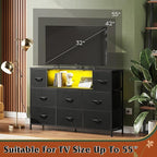 WLIVE Black Dresser TV Stand for 45, 50, 55 inch TV, Entertainment Center with LED Lights & Charging Station, Chest of Drawers with 8 Fabric Drawers and Open Shelves for Living Room, Hallway, Wood Top