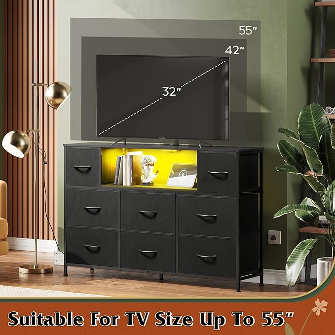 WLIVE Black Dresser TV Stand for 45, 50, 55 inch TV, Entertainment Center with LED Lights & Charging Station, Chest of Drawers with 8 Fabric Drawers and Open Shelves for Living Room, Hallway, Wood Top