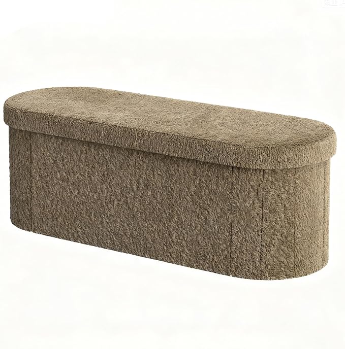 GLAXYFUR Oval Storage Ottoman Bench, Sherpa Foot Rest, 43 Inch Folding Chest for Living Room, Bedroom, Brown