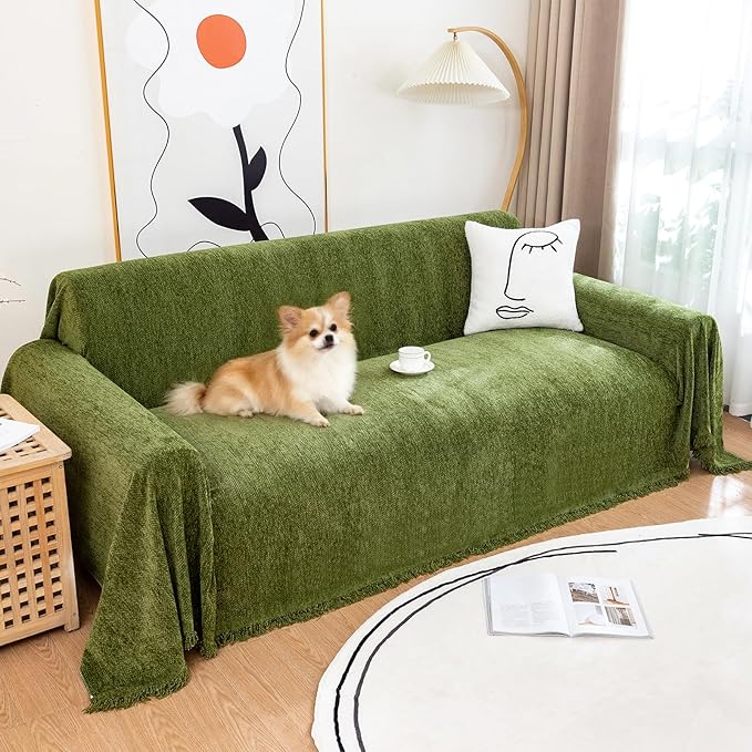 Couch Cover for Dogs, Non Slip Sofa Cover, Washable Couch Covers, 2 Cushion Sofa for Dogs Furniture Protector with Tassels Chenille Sofa Covers for Pets (Tassel Green, 71" x 118")