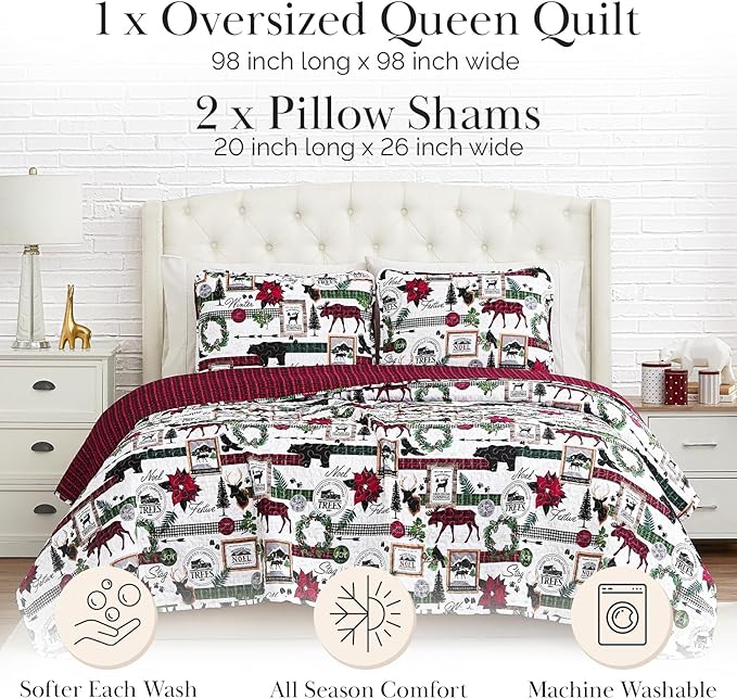 Southshore Fine Living, Inc. Merry Town Christmas Quilt Set, Queen/Full Size 3-Piece Christmas Bedding Set w/Matching Holiday Pillow Shams, Reversible 2-Sided Red Plaid Quilt & Rustic Cabin Print