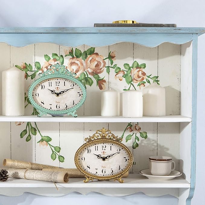 NIKKY HOME Vintage Table Clock, French Turquoise Color Rococo Style Desk Clock Battery Operated Rustic Design, Home Décor for Living Room, Bedroom, Bedside, Desk, Gift Clock - Gold