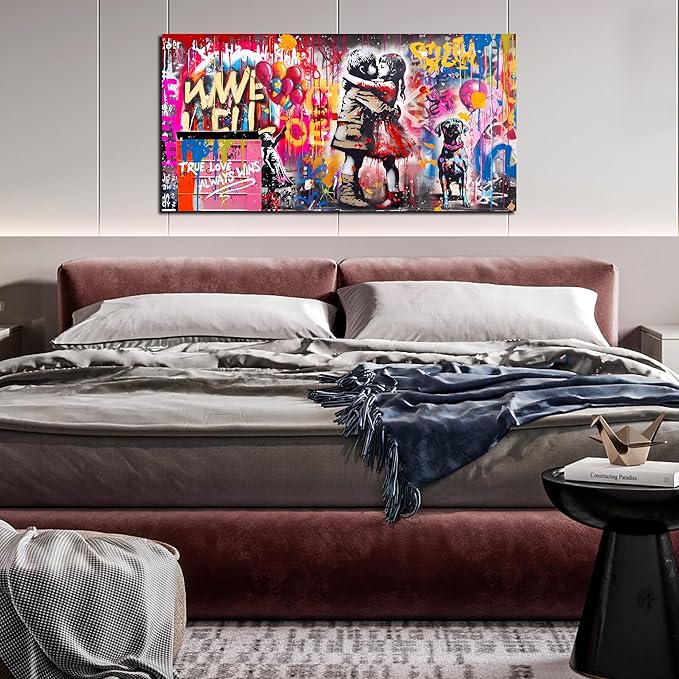 CIRABKY Graffiti Wall Art - Colorful Banksy Wall Art - Boy Kiss Girl Print - 20" x 40"