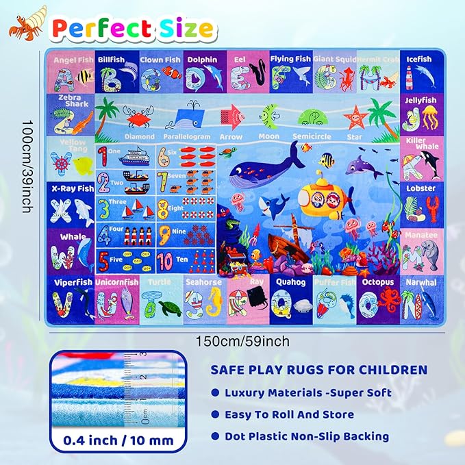 ABC Kids Rug for Playroom 59"×39.4" Ocean Rug Baby Play Mat Alphabet Mat Sea Animal Number Shape Classroom Kids Playroom Carpet Early Learning Carpet for Preschool Toddlers