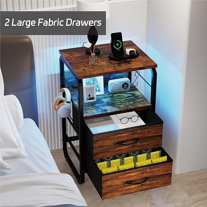 LED Nightstand, Bed Side Table with Storage, End Table with Drawers & Hooks, Bedside Table with Charging Station, AC Outlets, USB C Ports, Rustic Brown Night Stand Table for Living Room, Dorm