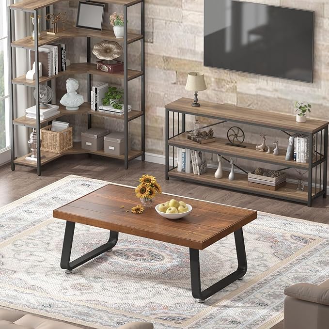 IBF Rustic Coffee Table, Industrial Solid Wooden Tea Table, Farmhouse Real Wood Center Coffee Table, Modern Minimalist Rectangle Cocktail Table, 39 in