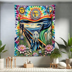 Ambesonne Trippy Tapestry Twin Size, Tie Dye Effect Esoteric Sun Moon Psychedelic the Scream Interpretation with Flowers, Wall Hanging Bedspread Bed Cover Wall Decor, 68" X 88", Multicolor