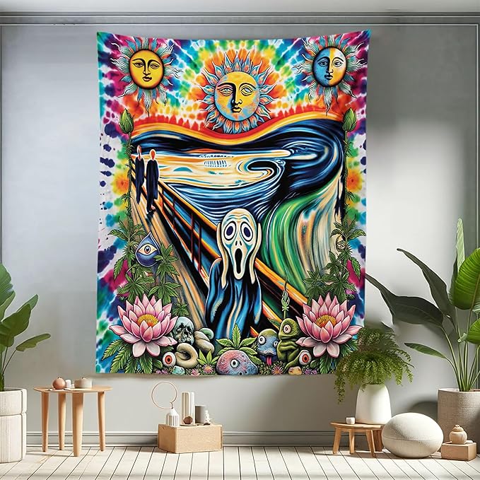 Ambesonne Trippy Tapestry Twin Size, Tie Dye Effect Esoteric Sun Moon Psychedelic the Scream Interpretation with Flowers, Wall Hanging Bedspread Bed Cover Wall Decor, 68" X 88", Multicolor