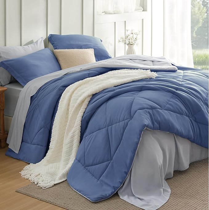 Bedsure Twin Comforter Set - 5 Pieces Reversible Infinity Blue Bedding, Twin Size Bed Set for All Seasons, Bed in a Bag with Down Alternative Comforter, Sheets, Pillowcase & Sham