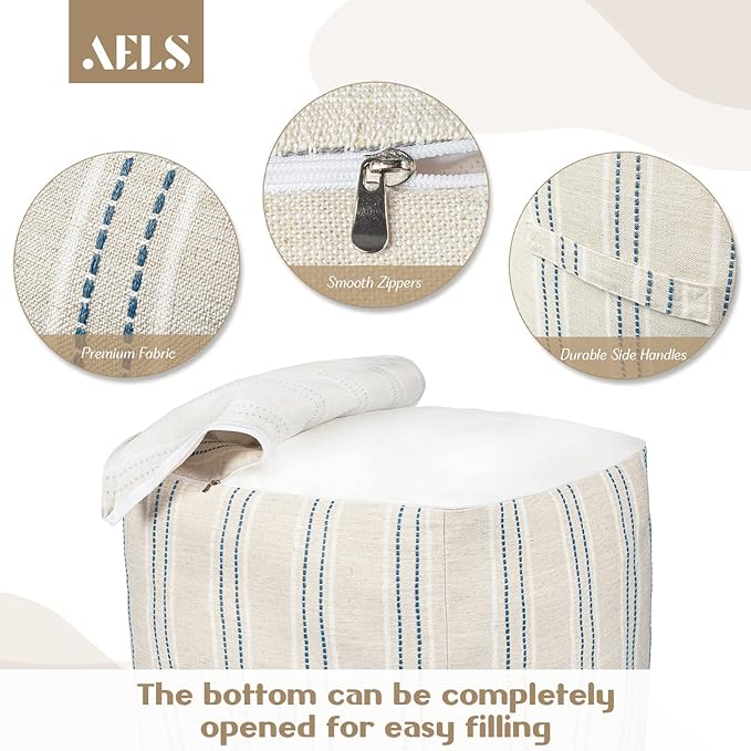 AELS Unstuffed Farmhouse Pouf Cover for Living Room, Boho Storage Bean Bag Cubes, Beige with Navy Blue Stitch Yarn Dyed Stripe Square Ottoman Pouf Foot Rest Footstool, 18"x18"x18", Cover ONLY