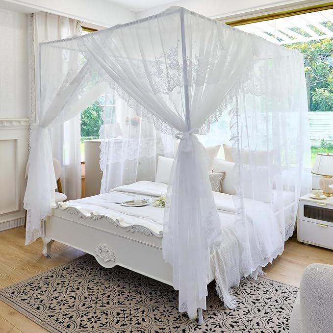 AIKASY Elegant Lace Princess 4-Poster Bed Canopy Mosquito Net - Romantic Wedding Bridal Bedroom Decor, Kids Room Bed Curtain for Women Adults - (White1,Twin)