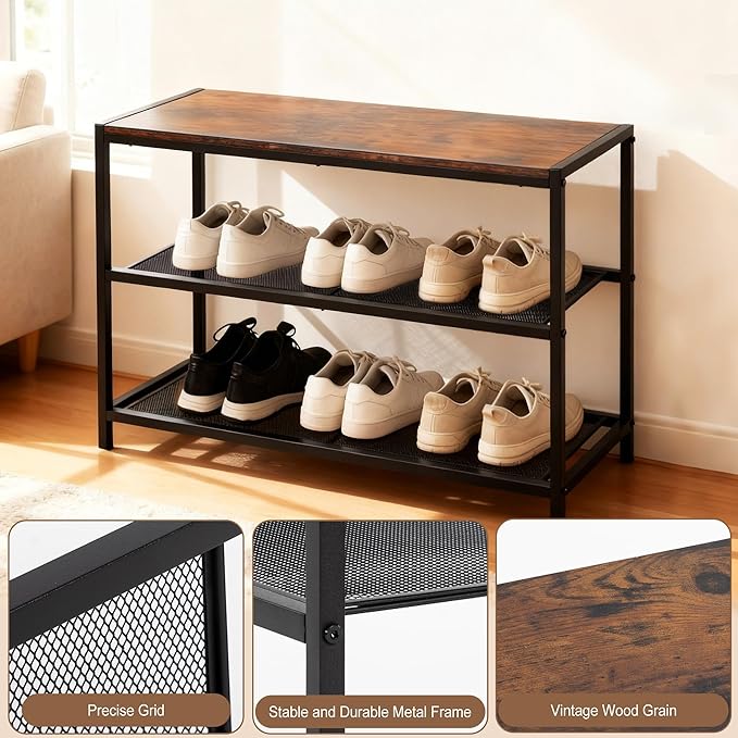 DUMOS 3-Tier Shoe Bench with Storage, Industrial Entryway Sturdy Shoe Rack Organizer Bench with Mesh Shelves for Entryway, Hallway & Living Room, Easy Assembly, Rustic Brown