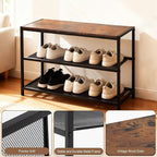 DUMOS 3-Tier Shoe Bench with Storage, Industrial Entryway Sturdy Shoe Rack Organizer Bench with Mesh Shelves for Entryway, Hallway & Living Room, Easy Assembly, Rustic Brown and Black