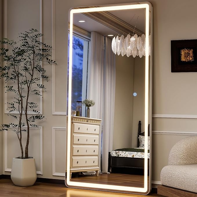 GLSLAND LED Full Length Mirror 71x32 inch Oversized Body Mirrors with Lights Wall Mounted Hanging Floor Standing Mirror for Bedroom, Living Room, Cloakroom, White