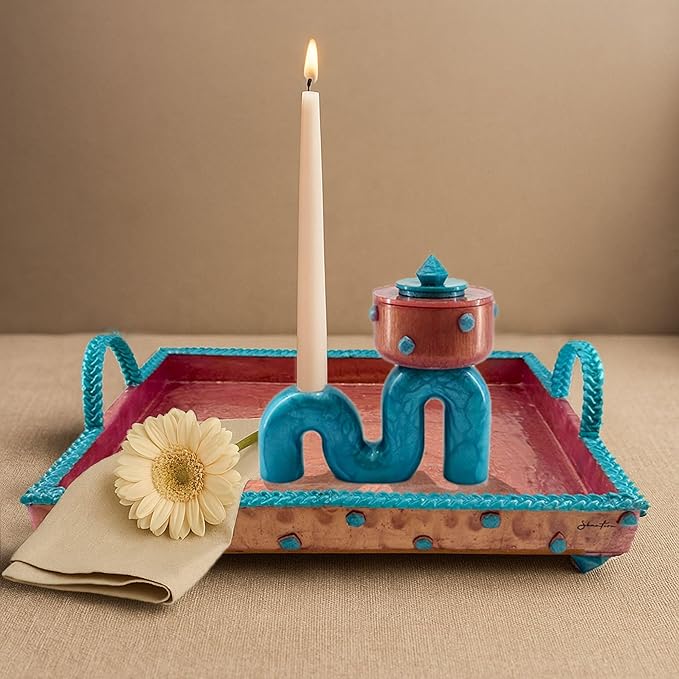 Centerpiece Pedestal Bowl & Candle Holder Stand – Rose Gold and Teal Stone Accents