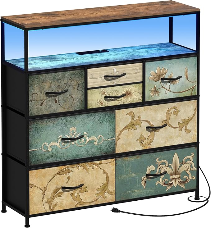 Tohomeor TV Stand with Power Oulet Dresser with Charging Station & LED Light with 8 Fabric Drawers for Living Room Storage Chest of Drawers Retro Dresser with Open Shelf Wooden Top
