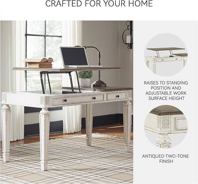 Signature Design by Ashley Realyn Home Office Lift Top Desk, USB Charging, Spring Lift Top, Smooth-gliding Drawer, 60" W x 28" D x 31" H, Chipped White and Brown