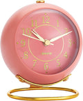 Metal Desk Alarm Clock, Retro Bedroom Table Vintage Analog Alarm Clock, Silent Non-Ticking Gold Clock, Bedside Décor(Sweet Pink)