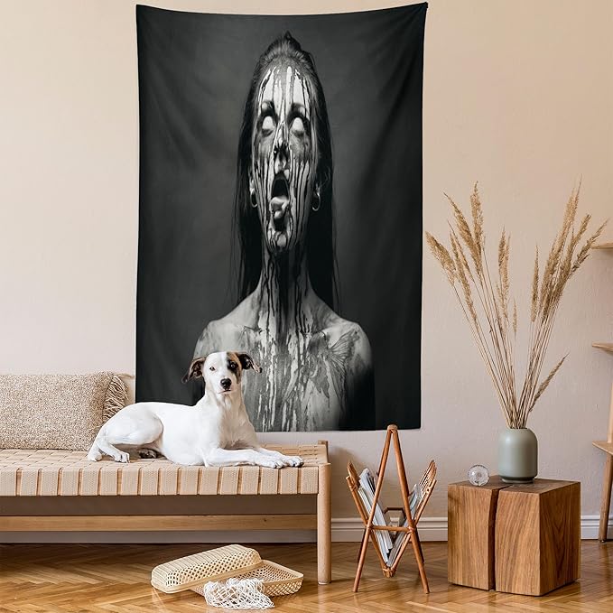 Ambesonne Zombie Tapestry Queen Size, Unusual Scream Monster Woman with Empty Eyes Looking up Horror Picture Design, Wall Hanging Bedspread Bed Cover Wall Decor, Queen Size, Black and White