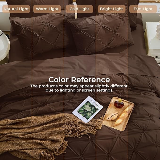 Sasttie Queen Comforter Set, 7-Piece Bed in a Bag, Pintuck Bedding Sets for All Season, Includes Comforter, Flat Sheet, Fitted Sheet, Pillowcases and Pillowshams, Dark Brown