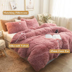 XeGe Plush Shaggy Duvet Cover Set, Luxury Ultra Soft Velvet Fluffy Bedding Sets 3 Pieces(1 Furry Faux Fur Dusty Pink Comforter Cover + 2 Fuzzy Faux Fur Pillowcases), Zipper Closure(Queen, Old Pink)