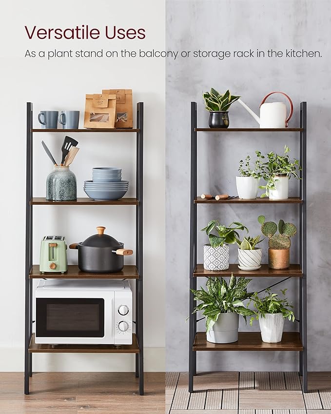 VASAGLE Ladder Shelf, 4-Tier Bookshelf, Storage Rack, Bookcase with Steel Frame, for Living Room, Home Office, Kitchen, Bedroom, Industrial Style, Hickory Brown and Ink Black ULLS44BF