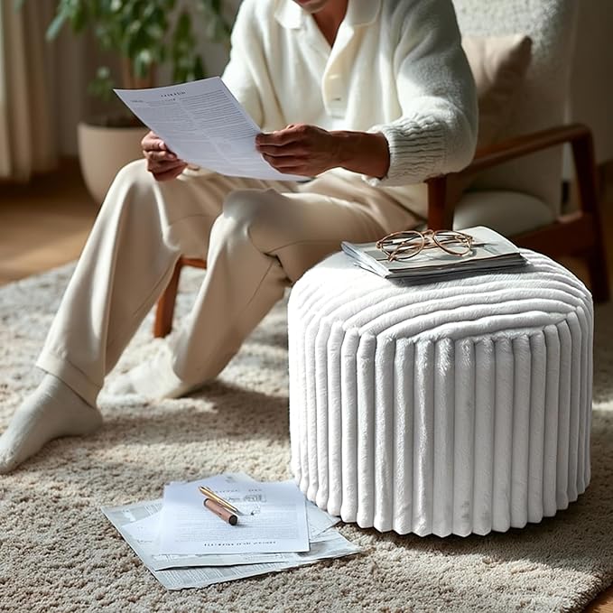 Luxury Round Stuffed Floor Poufs Ottoman, Stripe Faux Fur Footrest with Dual Layer Comfort, Removable Washable Cover, 20"x15" Plush Shaggy Pouf for Living Room Bedroom Vanity, Cream Beige