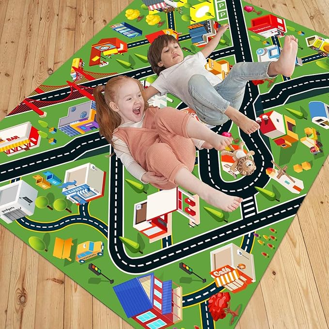 6'7"x9'10" Kids Rug Car Rugs for Kids Toy Cars Play Mat with Rubber Backing City Life Road Rug for Cars Fun City Map for Carpet for Bedroom Boys (RED-Rug)