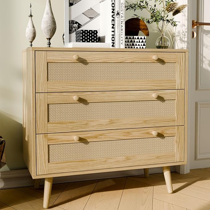 3 Drawer Dresser for Bedroom, Boho Dresser Chest with Handles for Bedroom Hallway Living Room