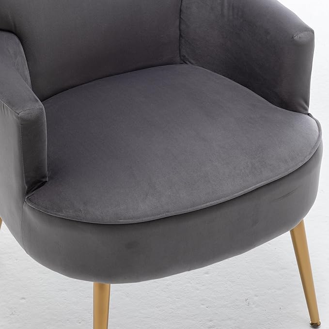 Trendy Velvet Accent Chair with Gold Metal Legs, Upholstered Armchair for Small to Mid-Size Spaces, Modern Living Room, Bedroom, Vanity Desk and Entryway, Grey