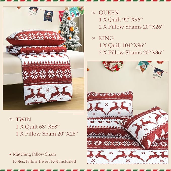 Exclusivo Mezcla Reversible Christmas Quilts Queen Size, Red Bedspread Lightweight Coverlet Winter Quilt Bedding Set with Printed Striped Reindeer Snowflakes Pattern (1 Quilt, 2 Pillow Shams)