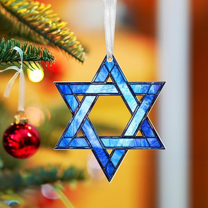 FLAGWIX Christmas Hanukkah Gifts for Women Men - Acrylic Christmas Ornament for Tree Decorations - Hamsa Hand Ornaments Decor, Star of David Tree Topper, Spiritual Religious Gifts for Mom Grandma