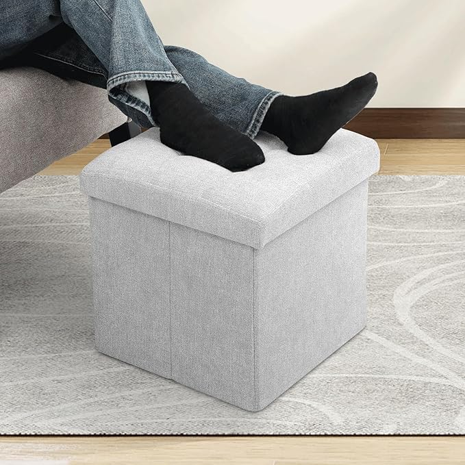 MoNiBloom 15 Inches Storage Ottoman Cube, Folding Square Foot Rest Stool, Small Ottoman Footrest with Storage for Living Room, Bedroom, Entryway, Light Gray