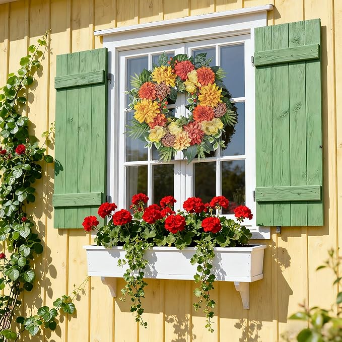 24-Inch Spring Wreath for Front Door with Hydrangeas Dahlias Daisy Silk Flowers and Berry Greenery for All Seasons Indoor Outdoor Wedding Farmhouse Porch Wall Living Room Home Wedding Decor