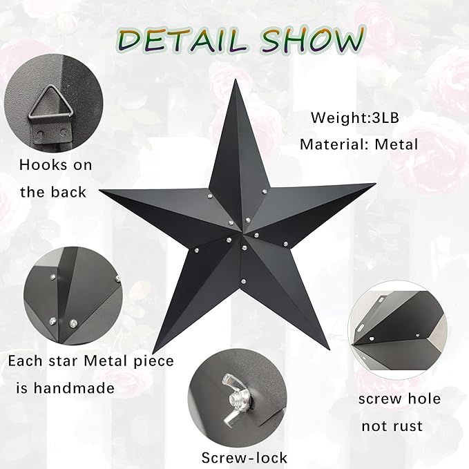 JoyEvy 36" Large Barn Star-Black Barn Star Outdoor Decoration-Metal Stars for Outside Texas Stars Art Rustic Vintage Western Country Home Farmhouse Primitive House Decor- Primitive Wall Décor