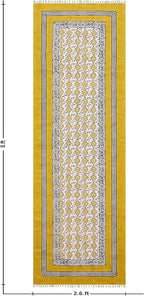 Flatweave Runner 2.6x8 Kilim Runner Floral Design Hand Block Printed Cotton Rug Yellow Beige Handmade Boho Dhurrie Thick 0.19" Indoor Outdoor Rugs for Hallway Enterway Kitchen | Holiday Season Decor