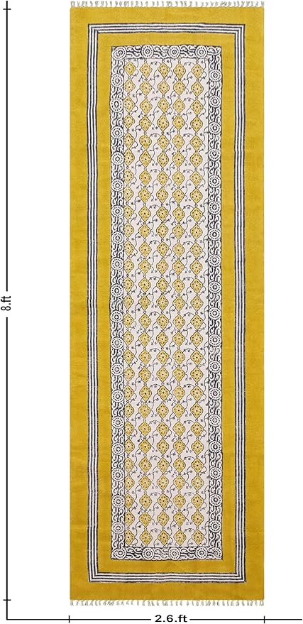 Flatweave Runner 2.6x8 Kilim Runner Floral Design Hand Block Printed Cotton Rug Yellow Beige Handmade Boho Dhurrie Thick 0.19" Indoor Outdoor Rugs for Hallway Enterway Kitchen | Holiday Season Decor