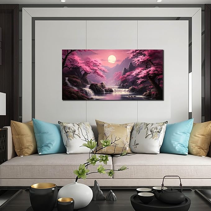 Landscape Wall Art for Living Room Bedroom Office Pink Wall Art Moon Lake Mountain Pictures Modern Artwork Framed Wall Decor Canvas Prints 20x40 Inch