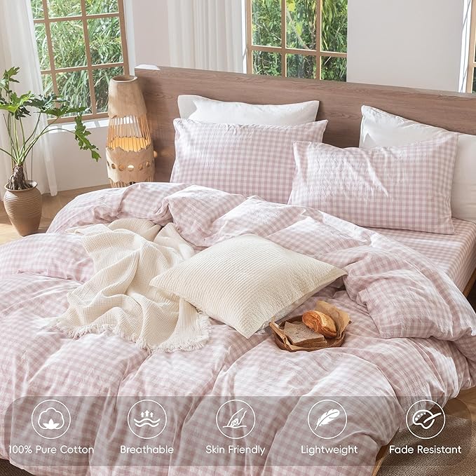MooMee Gingham Duvet Cover Set 100% Washed Cotton Linen Like Textured Breathable Durable Soft Comfy Modern Checkered Design (Classic Gingham Greyish Pink, Oversized Full 82"x86")