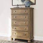 Signature Design by Ashley Glarrison Farmhouse 5-Drawer Chest with Felt-Lined Top Drawer and Easy Glide for Bedroom, Light Brown