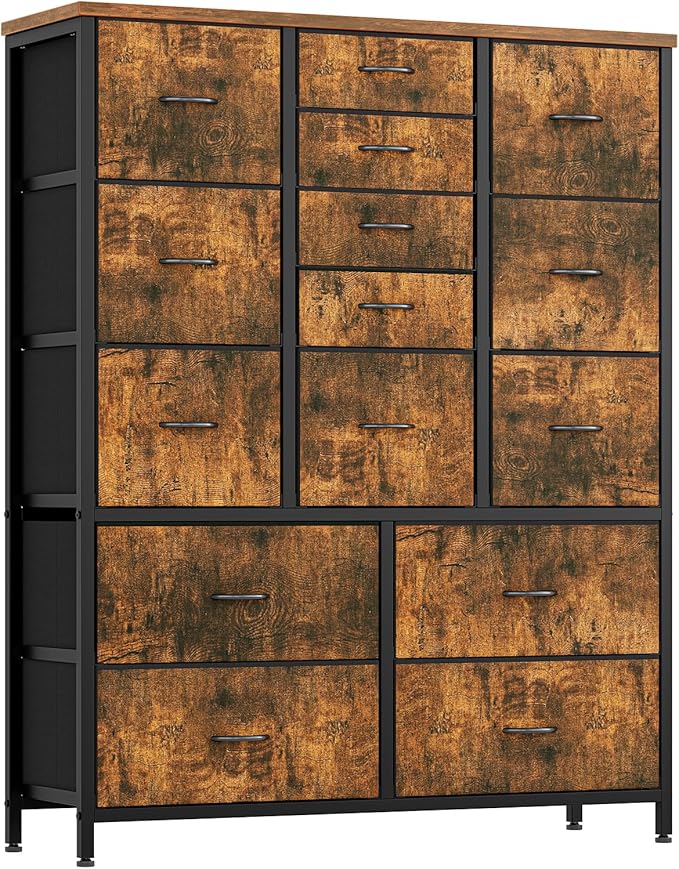 GarveeHome 15 Drawers Dressers, Chest of Drawers with Wood Tabletop, Metal Frame, Storage Organizer Unit with Fabric, Tall Dressers for Bedroom Living Room Hallway Entryway, Rustic Brown