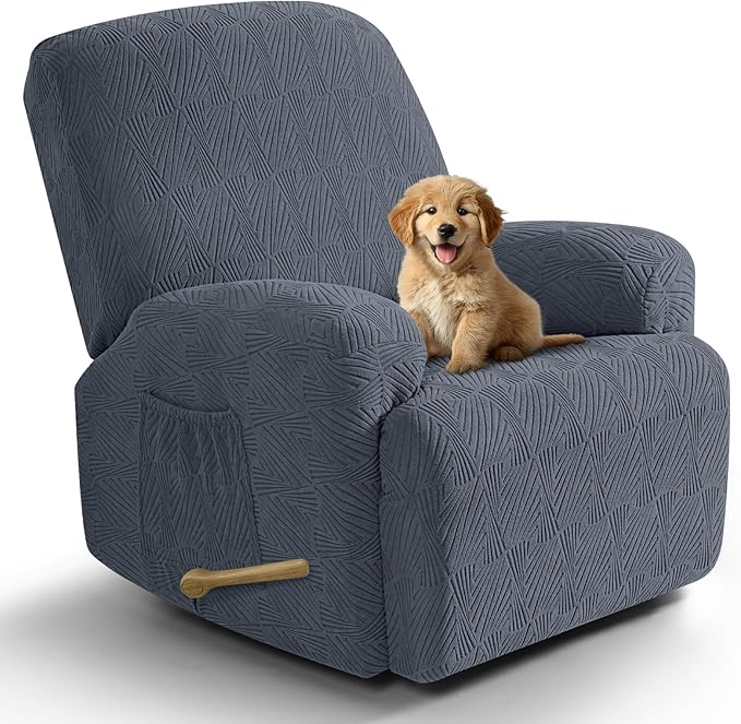 VANSOFY Oversized Recliner Chair Covers, 4-Pieces Stretch Recliner Cover Jacquard Soft Reclining Chair Slipcover Furniture Protector with Elastic Bottom for Lazy Boy Recliner(Gray)