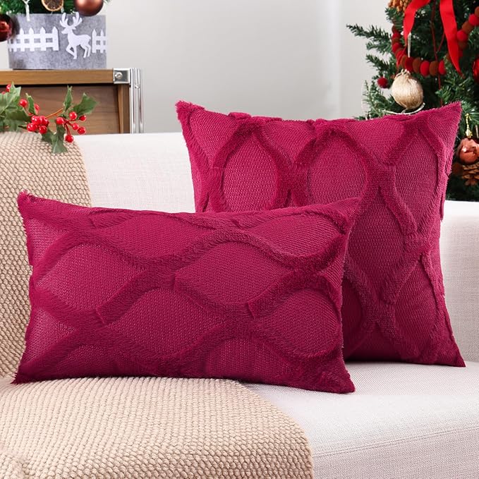decorUhome Spring Euro Sham Throw Pillow Covers 22x22 Inch Set of 2, Soft Plush Faux Fur Wool Burgundy Couch Pillow Covers, Decorative Neutral Pillow Cases for Bed Sofa Living Room Home Decor