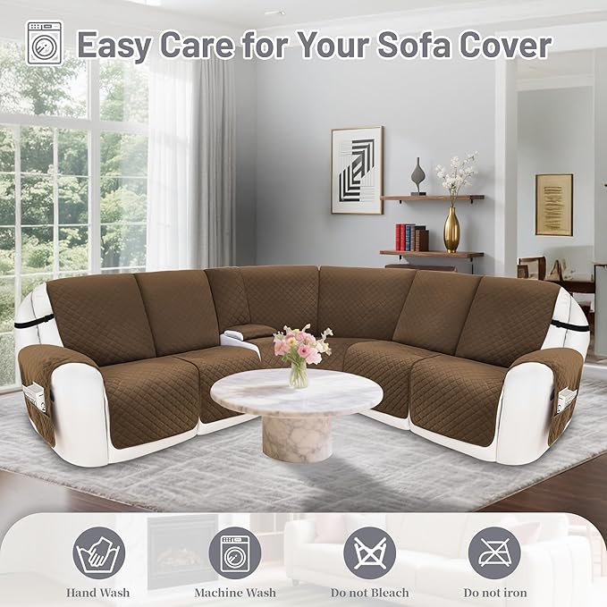 Recliner Sofa Covers 100% Waterproof Velvet L Shape Recliner Couch Covers for Sofa Pets Washable Anti Slip Recliner Slipcovers with Pockets (5 Seat Sofa with 1 Console, Brown)