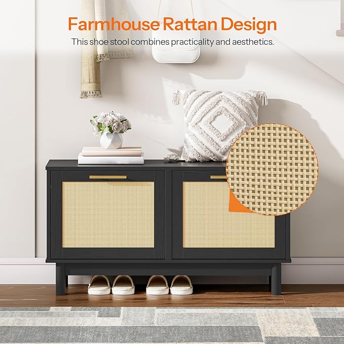 HOOBRO Shoe Storage Bench Entryway, Rattan-Like Shoe Bench with Flip Drawers, Narrow Shoes Rack Cabinet with Rattan Doors, Wooden Organizer for Entryway Hallway, Black BN51HX01