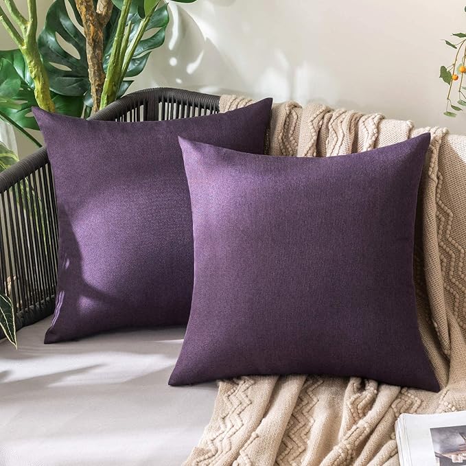 MIULEE Pack of 2 Decorative Outdoor Solid Waterproof Throw Pillow Covers Faux Linen Garden Farmhouse Cushion Cases for Patio Tent Balcony Couch Sofa 16x16 Inch Purple