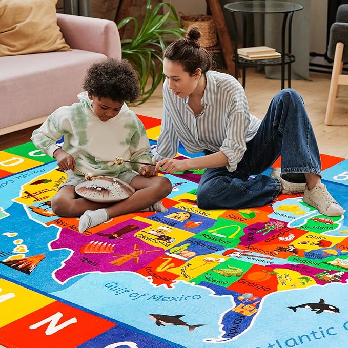 USA Map ABC Kid Rug 78.7" × 59" for Playroom Geography Educational Baby Preschool Playmat