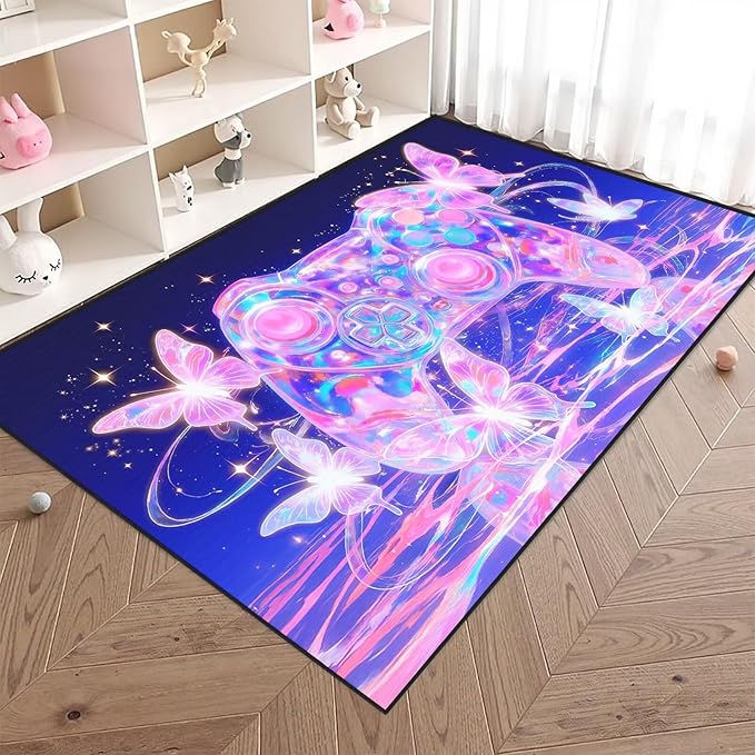 Dreamy Butterfly Rugs for Girls Bedroom Decor 3x5 ft Gamer Area Rug Non-Slip Gaming Floor Mat Purple-Pink Kids Rug Gaming Carpet for Girls Room,Dorms,Playroom & Apartment