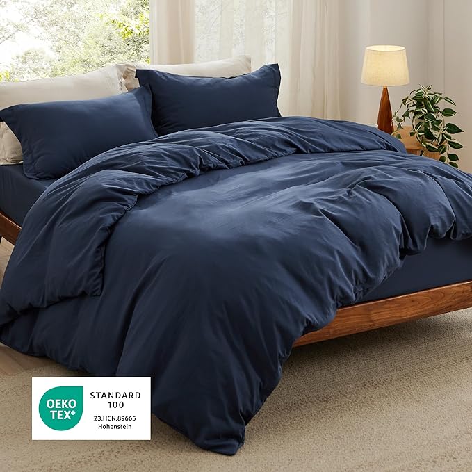 Bedsure Duvet Cover King Size with Fitted Sheet - 4 Pieces Prewashed Polyester Extra Soft Bedding Set, Includes 1 Duvet Cover 104x90 Inches with Zipper Closure, 2 Pillow Shams, 1 Fitted Sheet, Navy