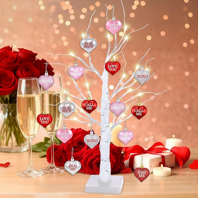 Tifeson 36Pcs Valentine's Day Heart Ornaments, Red Pink Silver Heart Shaped Valentine Ornaments for Tree Conversation Heart Decorations for Valentines Home Anniversary Decor